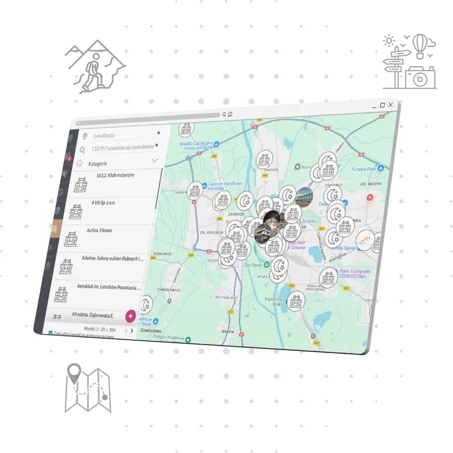Planer wycieczek z mapą i listą atrakcji na ekranie laptopa