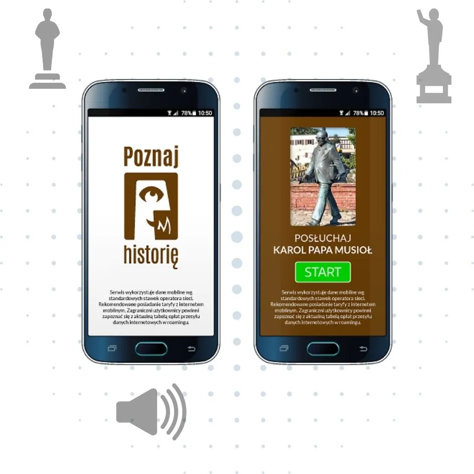 Aplikacja „Poznaj Historię” na dwóch telefonach, obok sylwetki pomników
